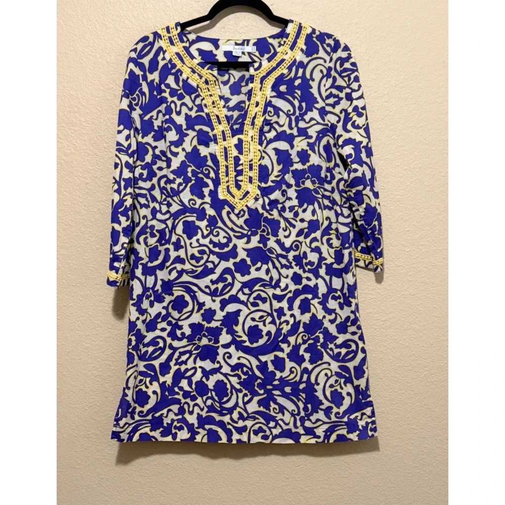 Boden Top SZ 10 Kaftan Tunic 3/4 Sleeve Cotton Lagenlook Coastal Purple Yellow - Picture 1 of 6